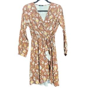 Auburn Floral Mini Long-sleeve Wrap Dress